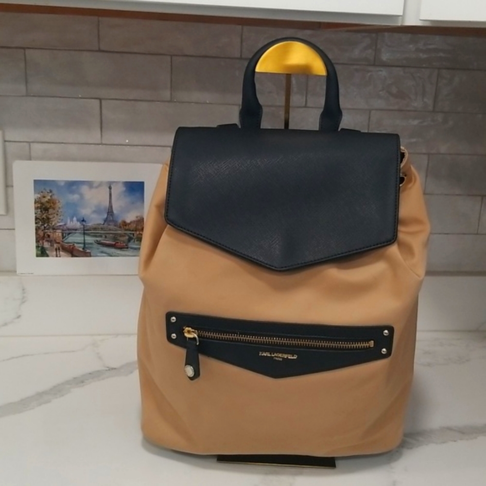 EUC Karl Lagerfeld Paris Large Tan/Black Nylon Backpack/Shoulder Bag - Picture 3 of 16